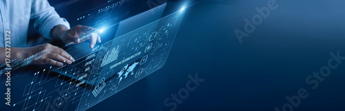 Geographic Information System network connection concept. Cartographer hand working on a laptop computer with graphical spatial mapping satellite data geolocation analytics visualization.