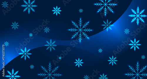 Blue neon winter abstract glowing wavy background with snowflakes. Christmas and New Year vector design