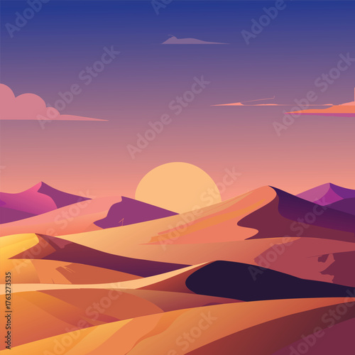 Desert landscape with sun and clouds at sunset sand dunes