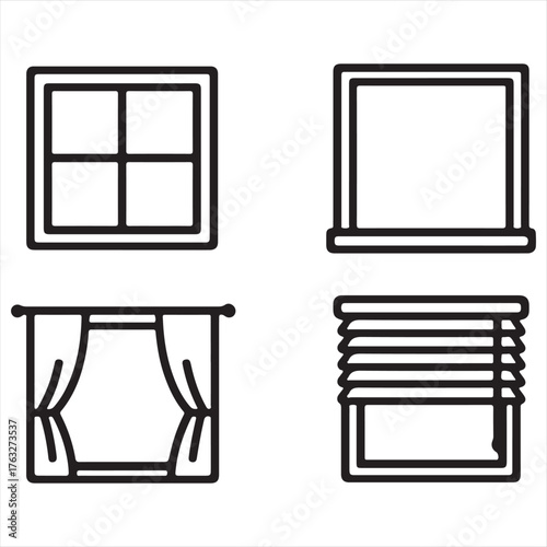Collection of four simple line art icons representing different window types and coverings