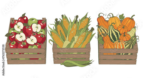 Abundant Autumn Harvest Fresh Apples, Sweet Corn, and Festive Pumpkins in Rustic Wooden Crates