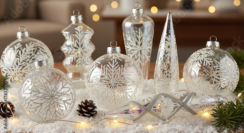 Christmas ornaments with snowflake engravings in a cozy atmosphere on a snowy background