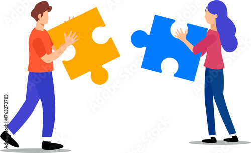Couple connecting puzzle pieces background. Teamwork concept for problem solving. Work team joining puzzle pieces