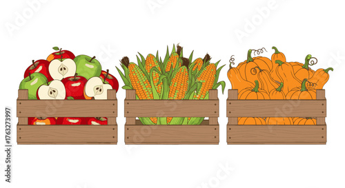 Harvest season abundance crates filled with fresh apples, corn, and pumpkins, representing bountiful autumn produce