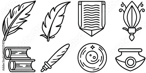 Collection of vintage writing tools and symbols in a simple line art style