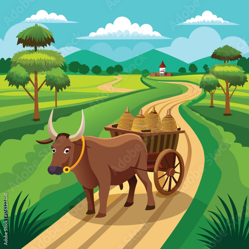 Brown bull pulling cart with hay on a rural road wagon