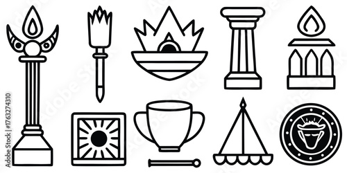 Collection of ancient greek and roman symbols and objects isolated on white background