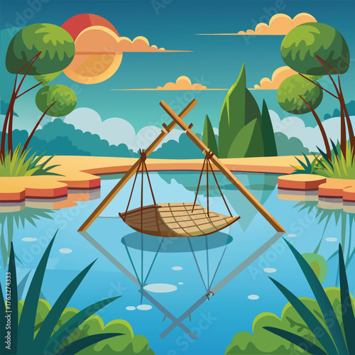 Flat design tropical landscape with wooden raft on water
