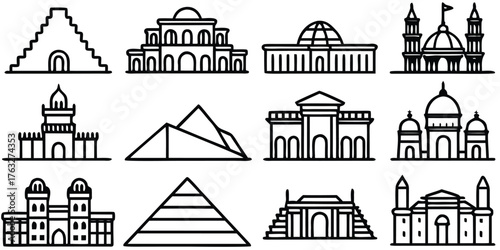 Collection of stylized line art icons representing famous ancient and modern architectural landmarks