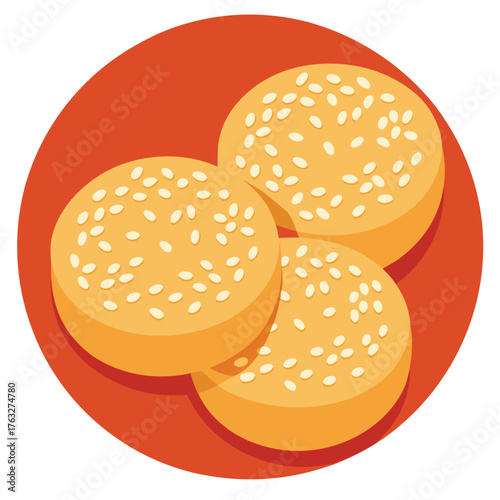 Three round sesame seed buns on red background bread