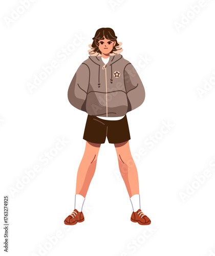 Teen girl stands in pose with widely spread legs and hands in pockets. Young woman in a fashion zip hoodie. Happy teenager in stylish clothes. Flat isolated vector illustration on white background