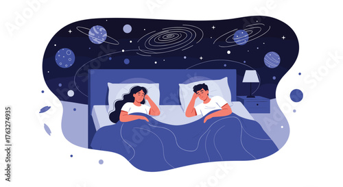 Couple dreaming in bed under starry night sky illustration.