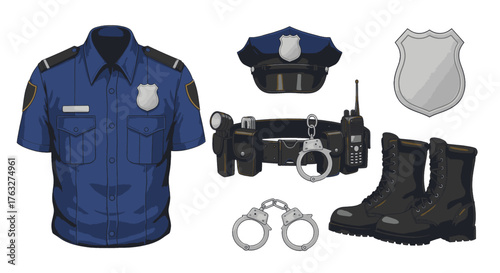 Law enforcement uniform and equipment collection including shirt, hat, boots, handcuffs, and badge