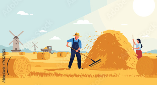Farmers working in a field during harvest season collecting hay bales.