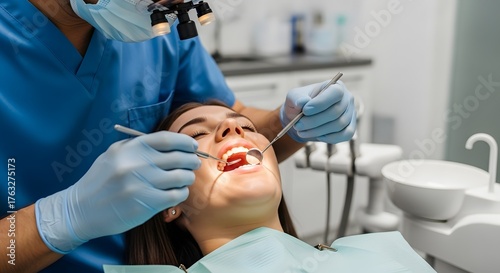 Dentist performing dental examination on a patient in a modern clinic