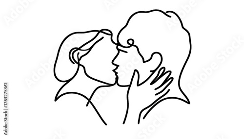Simple one line drawing of silhouette of a woman and man kissing . Transparent background png file