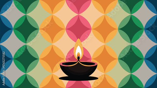 A lit diya lamp against a colorful geometric background with circles and diamond shapes pattern design