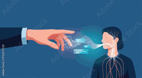 Hand influencing person with data streams.