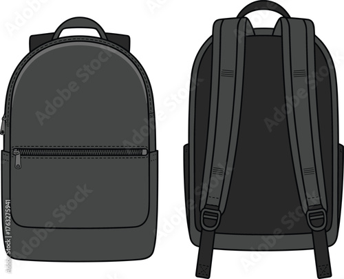 Backpack vector illustration, front and back view, fashion CAD drawing, travel bag design, modern luggage accessory, stylish apparel flat element