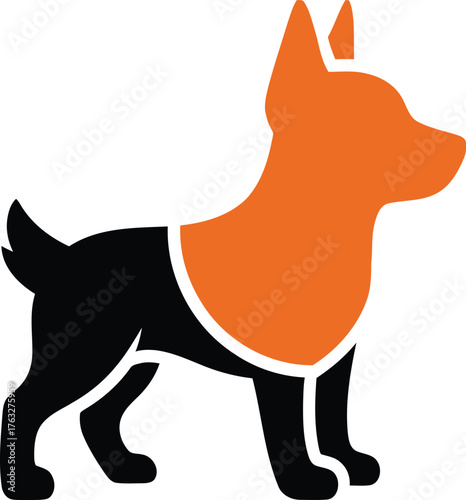 Stylized silhouette of a standing dog with orange upper body and black lower body and tail evokes modern pet branding vector
