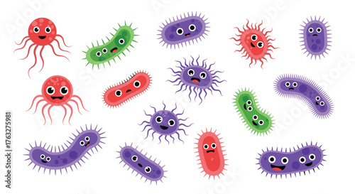Collection of cute and colorful cartoon bacteria and virus characters.