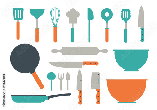 A collection of colorful kitchen utensils and cookware icons for cooking and baking, isolated on a white background.