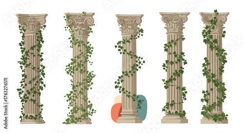 Ancient Roman and Greek Columns Adorned with Lush Green Ivy Vines.