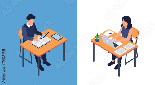 Isometric illustration of people working at their desks with documents and technology.