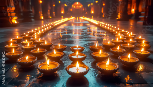 Rows of Diya Lamps Forming Circle Pattern for Deva Diwali Festival Illustration