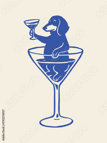 Dog dachshund in martini glass minimalist sketch vector illustration