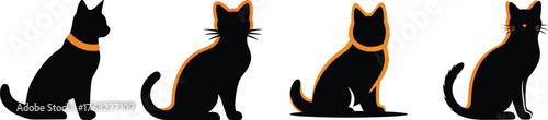 Four stylized black cats in sitting poses various collars and styles graceful feline silhouettes isolated on vector
