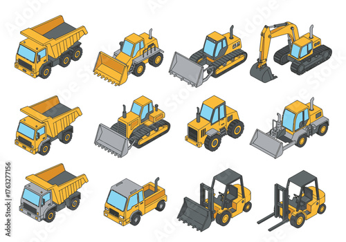 Isometric vector set of yellow construction vehicles including trucks, bulldozers, and forklifts.