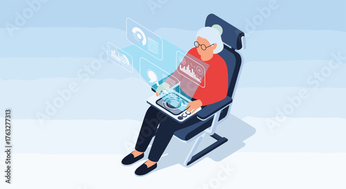 Elderly woman using tablet computer, focused and engaged with technology.