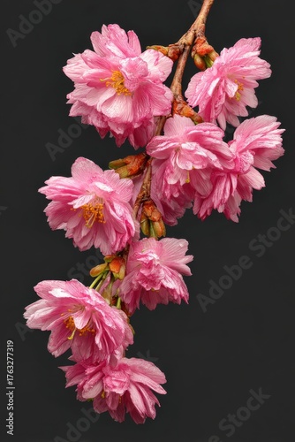 Close-up of weeping cherry blossoms on branch, studio shot, pink flowers, beauty in nature, floral arrangement, botanical