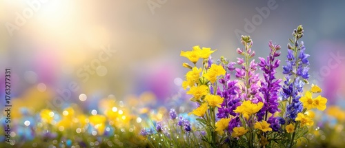 Sunny Floral Meadow Landscape with Yellow and Purple Wildflowers in Bloom Bokeh Background