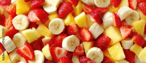 Vibrant fruit salad close up overhead shot featuring fresh cut strawberries bananas and pineapple for healthy eating concept