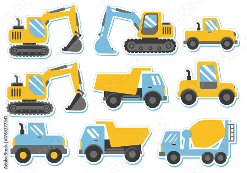 A collection of cute cartoon construction vehicle stickers, including excavators, dump trucks, and a cement mixer.