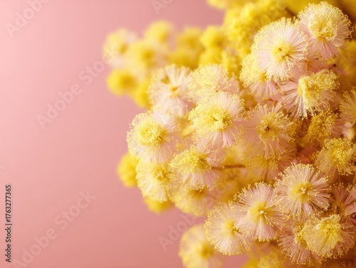 Close-up of mimosa flowers blooming in springtime against a pink background in a studio setting with soft light