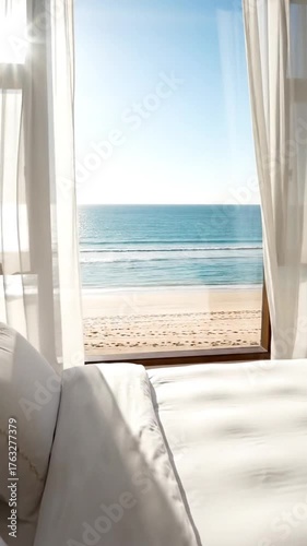 Bright bedroom interior with ocean view through large windows