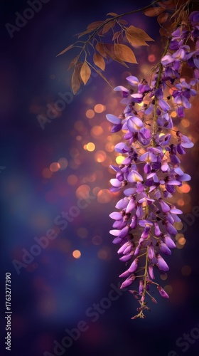 Cascading wisteria blossoms against a bokeh backdrop in a vertical close up shot with soft lighting for a romantic feel