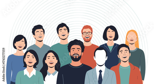 Diverse group of people smiling and looking forward together.