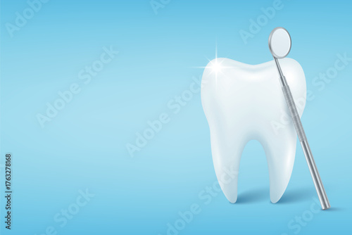 Healthy White Tooth and Dental Mirror Blue Background, Vector Illustration. Dentistry Icon for Dental Care, Oral Hygiene, Stomatology Clinic, Dentist Poster, Medical Health, Treatment Concept
