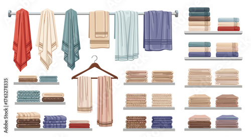 Collection of neatly folded and hanging towels in various colors and patterns.