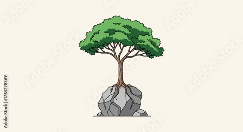 Strong Tree Growing on a Rock with Exposed Roots - Symbol of Resilience and Stability Vector Illustration