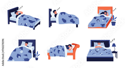 Collection of diverse people sleeping peacefully in their beds at night.