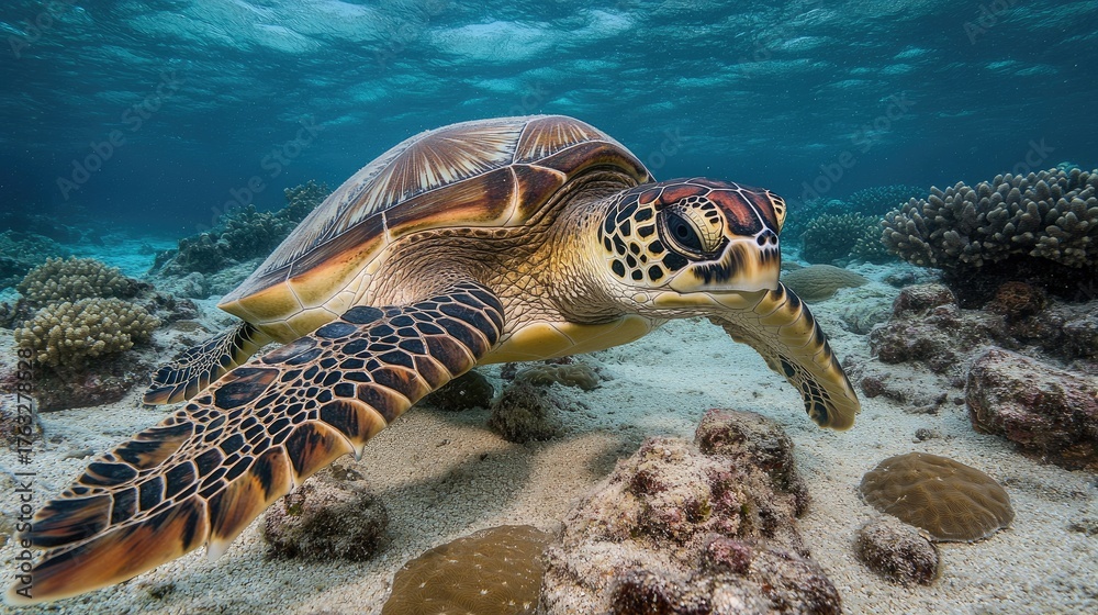Obraz premium Green Sea Turtle Gliding Peacefully over a Coral Reef in Clear Blue Ocean