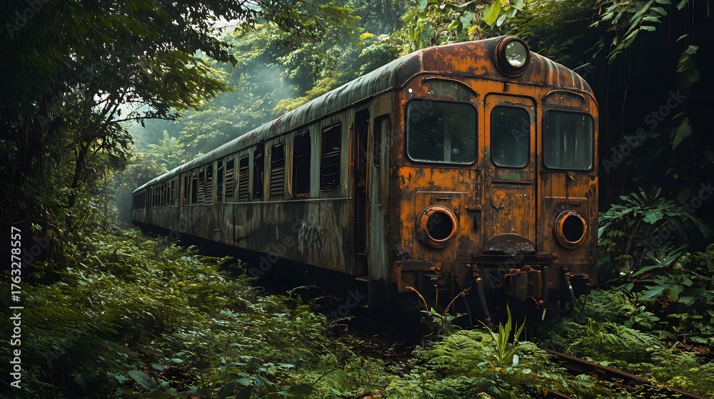 Naklejka premium An old, rusty train car sits abandoned in the middle of a dense jungle, overgrown with foliage.