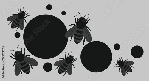 Swarm of Bees and Pollen Grains Vector Illustration.
