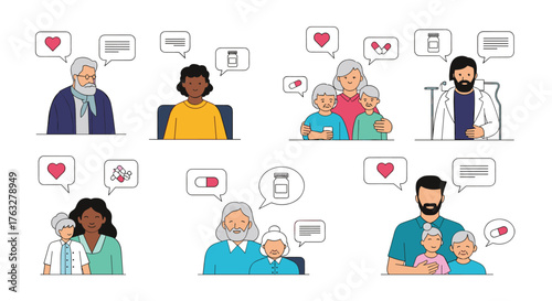 Diverse Group of People Discussing Health and Wellness with Speech Bubbles.