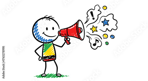 Crayon stickman holding megaphone, announcement and communication, cute sketch vector, white background